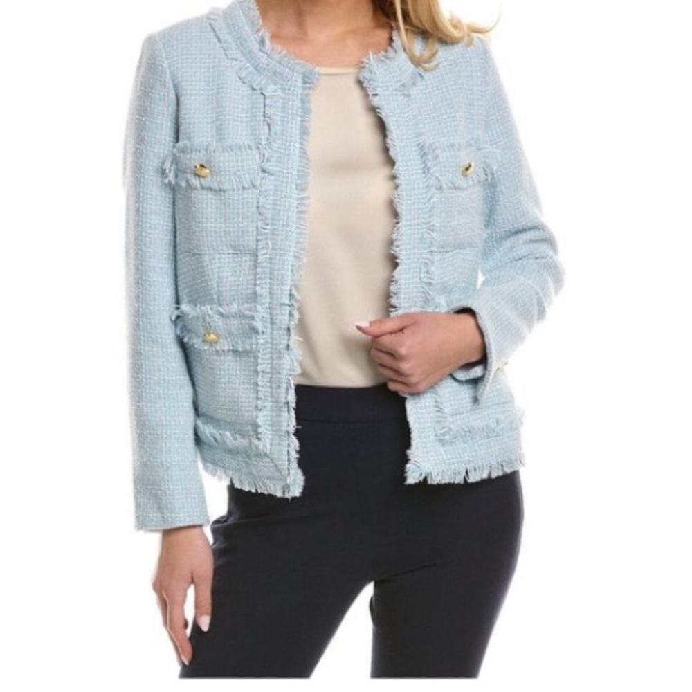 NWT Nanette Lepore Dream Blue/White Tweed  Style Blazer with Gold Buttons